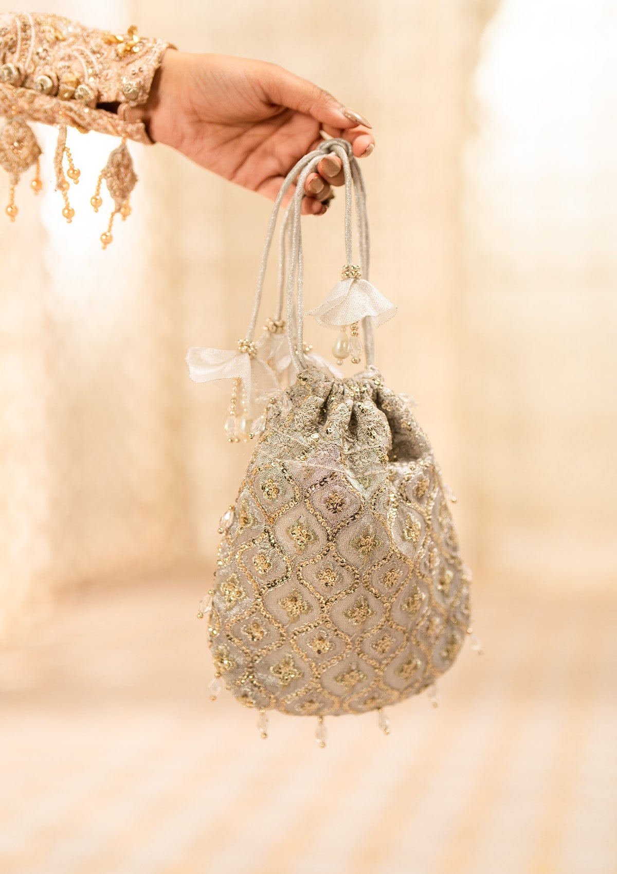 Bridal Potli Bag Silver Bridal Bag WEDDING FESTIVE '24 SILVER